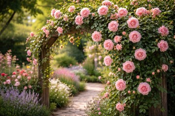 Obraz premium Beautiful pink climbing rose plant thriving in a well maintained garden area