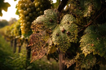 Fototapeta premium Grapevine foliage affected by pests highlighting vineyard crop care necessity