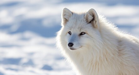 Fototapeta premium Thick pearly white winter fur of Arctic fox under sunlight