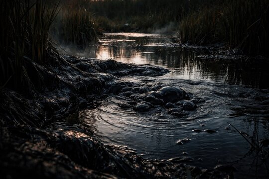 Dark viscous tar pit in wetland area with reflective water and tall grass