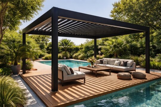 Contemporary black pergola shading teak flooring and pool area on garden patio