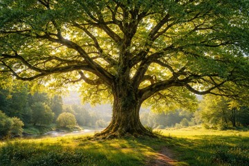 Obraz premium Vibrant tree with dense green leaves and sprawling branches in a scenic natural environment