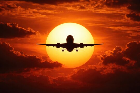Silhouette of an airplane crossing bright sun during sunset