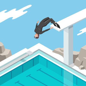 An illustration of a diver standing on a high platform, poised for a dive into a turquoise pool, encapsulating excitement and anticipation associated with aquatic sports.