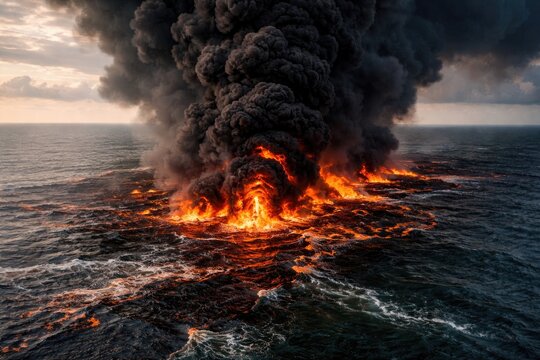 Huge maritime oil spill burning with thick black smoke rising