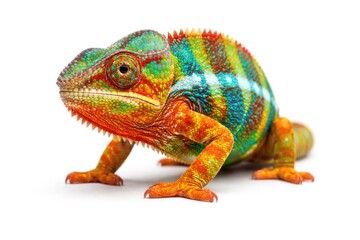 Fototapeta premium Colorful chameleon with vivid tones layered over plain white background