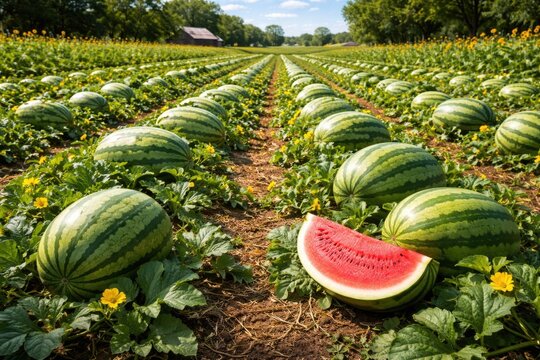 Vibrant watermelon patch with ripe melons arranged in neat rows on a sunny summer day