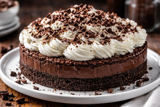 Luxurious chocolate mud pie layered with whipped cream and sprinkled with chocolate bits presented on a white serving plate
