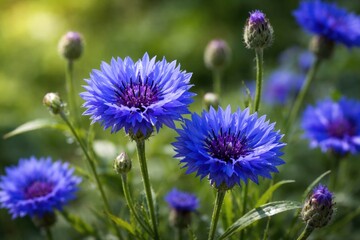 Fototapeta premium Cornflowers in sharp detail with blurred foliage backdrop