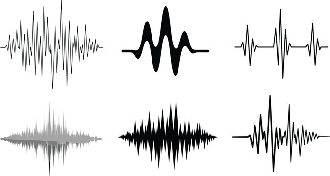 Audio Waveform Icons Set with Sound Waves, Frequency Signals, and Music Visualization for Audio Editing, Recording, and Sound Design Concepts