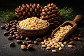 Obraz premium Natural pine nut collection displayed over a dark matte backdrop