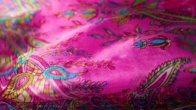 Pink silk fabric with paisley pattern blowing in the wind. Soft waves of natural silk create an abstract background. Vibrant colors of oriental ornament moving on lightweight textile.