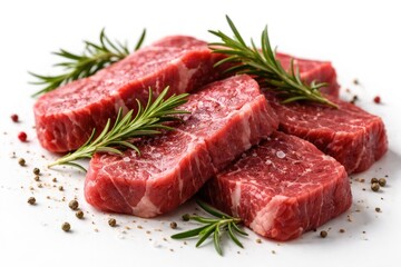 Fototapeta premium Fresh raw beef slices garnished with rosemary sprigs on a clean white background