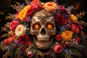 Fototapeta premium ornate skull topped with multicolored blossoms display