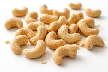 Fototapeta premium Bright and detailed shot of cashew nuts scattered over a spotless white surface
