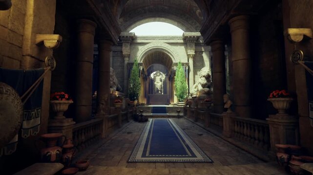 curated historical gallery corridor showcasing sculptures and artifacts under warm spotlights, velvet ropes and informational plaques, terrazzo floor and marble