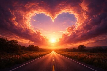 Fototapeta premium Romantic heart shaped sky at sunset with road and clouds background featuring copy space