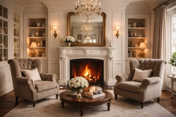 Obraz premium Stylish living room design showcasing a classic fireplace and inviting armchairs