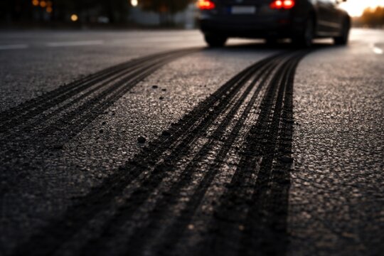 Fresh tire skid marks on dark asphalt after quick stop