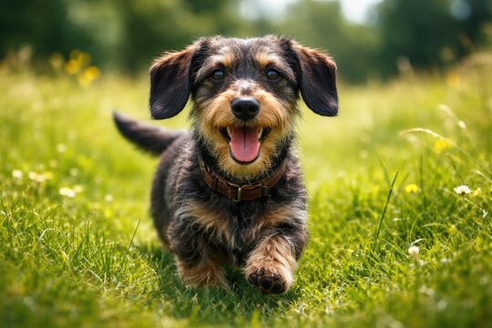 Happy wire haired dachshund pet playing on lush green grass meadow full length summer day