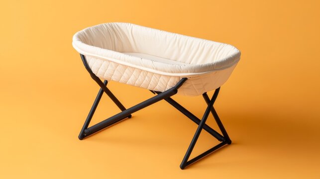 Clean studio shot Cream quilted baby bassinet on sleek black X-stand, isolated on bright orange. Modern portable comfort for safe infant sleep and stylish nurseries. newborn, nursery
