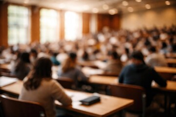 Fototapeta premium Artistic blurred background of academic hall with students for website wallpaper with copy space