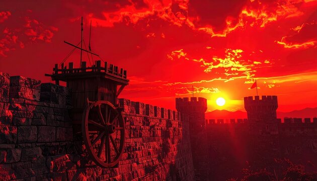 Medieval Fortress Under a Fiery Sunset Sky With Siege Towers Erecting Against Walls