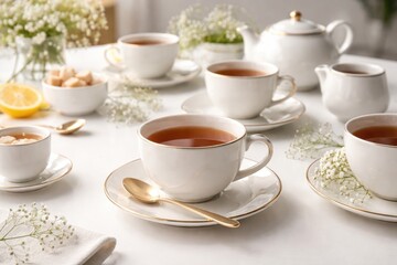 Fototapeta premium Elegant presentation of tea cups spread across a clean white tabletop in food context