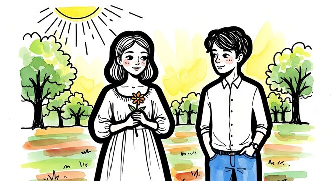 Young couple walking and smiling in sunny park with trees  