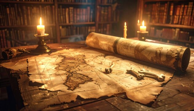 An ancient, weathered parchment map unrolled on a wooden desk, illuminated by candlelight, with bookshelves in the background
