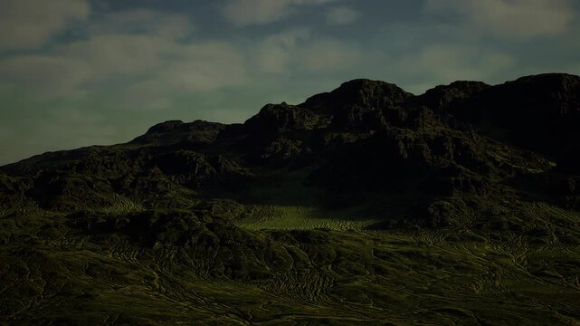 tranquil green ridge in evening, soft diffuse light and low clouds bathing gentle slopes, dense groundcover of moss and lichen, calm horizon and peaceful mood,