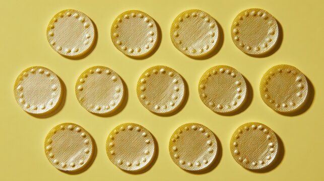Several birth control patches arranged neatly on a yellow surface, viewed from above. Room is left for additional writing.