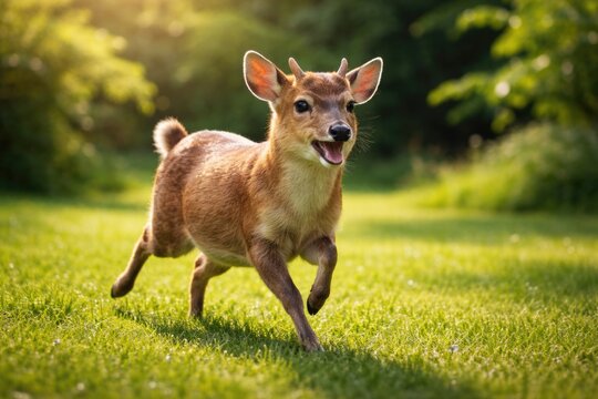 Cheerful pet muntjac running across a dense green grass lawn captured in full length on a warm summer day