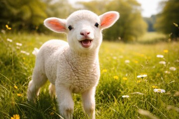 Fototapeta premium Cheerful white lamb enjoying a summer day on vibrant green meadow