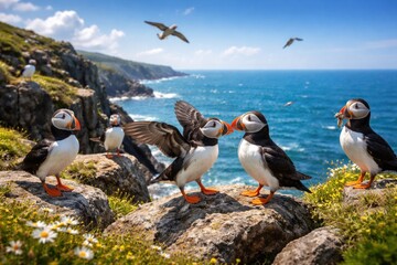 Fototapeta premium Cheerful puffin birds playing on rocky cliffs during a bright summer day