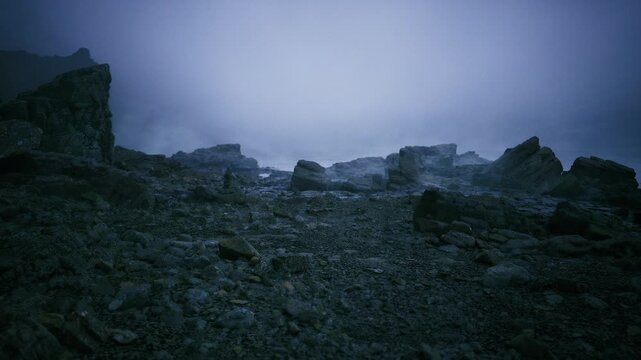 fog blanketed alpine pass with jagged scree and muted horizon, drone survey perspective, glacial moraine textures, cool palette, research expedition mood,