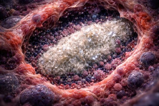 Microscopic image showing a tophus in a medical tissue sample under hyperuricemia conditions