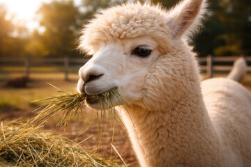 Fototapeta premium Close up of a gentle alpaca feeding contentedly in an animal paddock