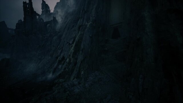 Foreboding abyss surrounded by shadowy cliffs and dense mist. Unsettling canyon landscape with towering craggy walls enveloped in dense darkness and mist