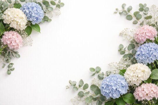 Flat lay of hydrangea and eucalyptus floral design on white backdrop with copy space