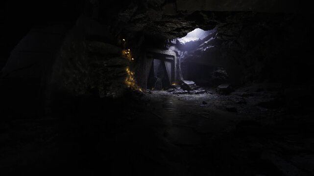 hidden cave portal with string lights and wet floor pools, dramatic daylight rim and intimate golden accents creating dreamy exploration vibe.