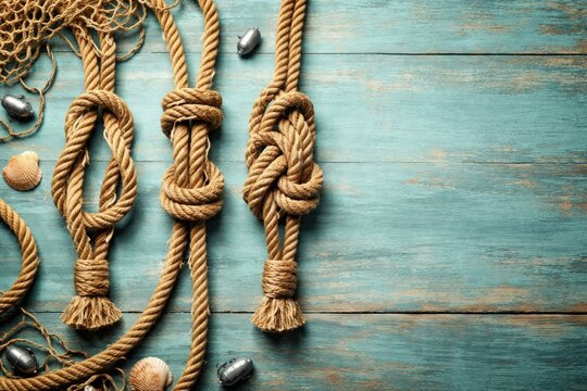 Detailed fishman rope knots displayed on aquamarine painted wood background with copy space