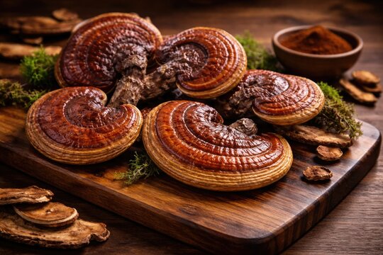 Ganoderma Lucidum mushrooms arranged on polished wooden board for display