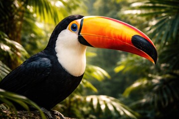 Obraz premium Detailed image of an unaccompanied Toco toucan with bright beak