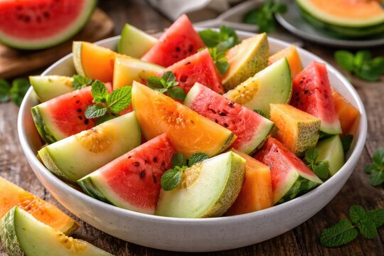 Colorful mixed melon fruit bowl featuring watermelon cantaloupe and honeydew slices