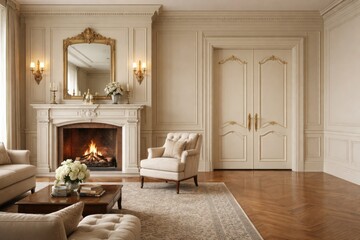 Obraz premium Sophisticated spacious interior highlighting a traditional fireplace and elegant door design with copy space