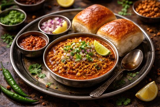 Street food delight misal pav featuring flavorful usal and tangy chutney