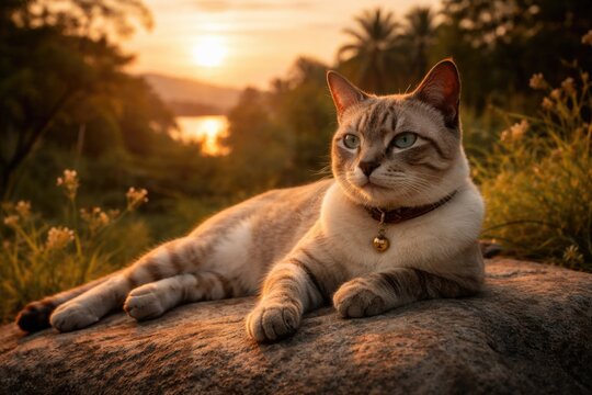 Content Thai cat relaxing at sunset with natural backdrop