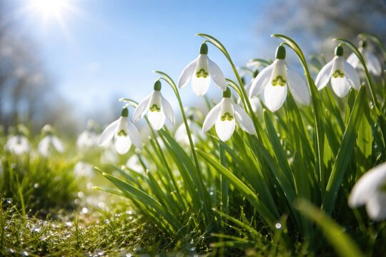 Snowdrop flowers blossoming vibrantly under clear sunny skies