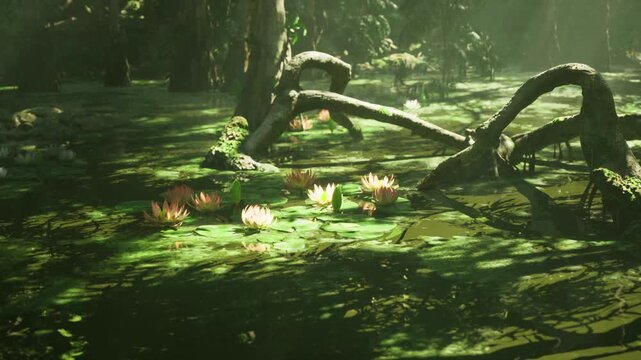 Lilycovered swamp under dense canopy with fallen branch and scattered pads, still water covered in green algae and dappled light filtering through leaves,